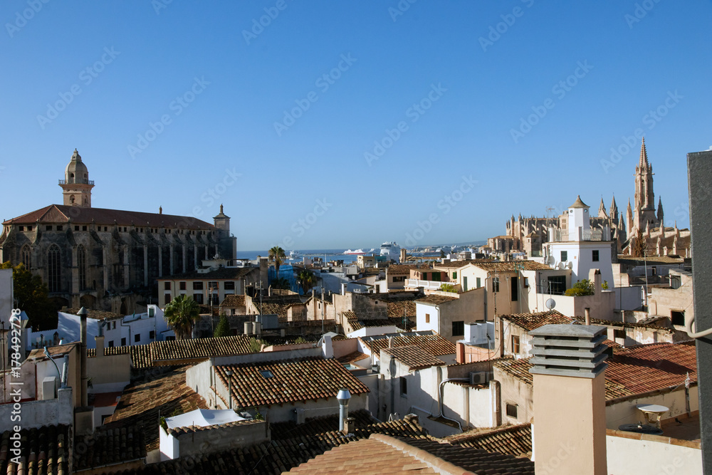 View over Palma from rooftop at Placa de Mercadal towards Cathedral and Port