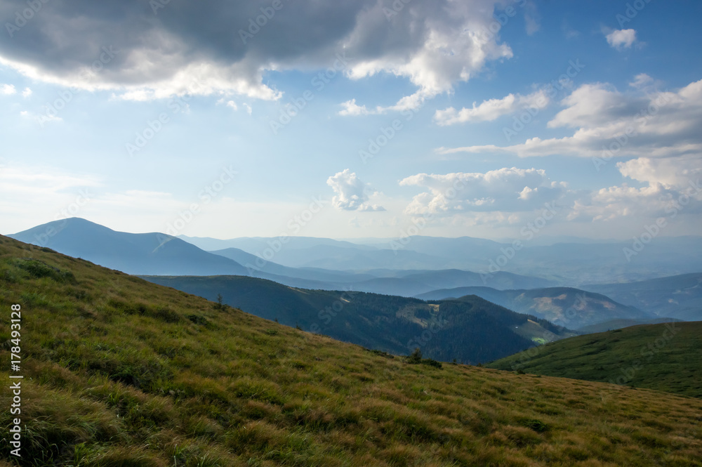 Distant blue Carpathian mountains