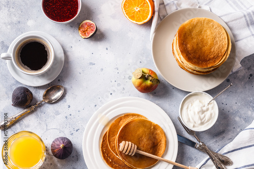 Wallpaper Mural Pancakes with honey, fruit and coffee on a gray background Torontodigital.ca