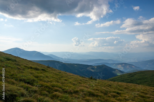 Distant blue Carpathian mountains