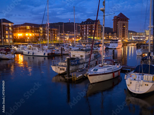 Boats at Night with Lights and Reflections in Swansea Marina