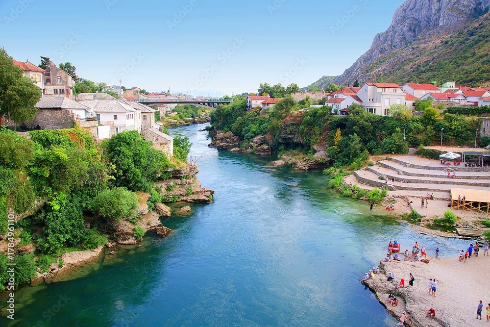 Obraz premium Neretva river in Mostar, Bosnia and Herzegovina, Europe.