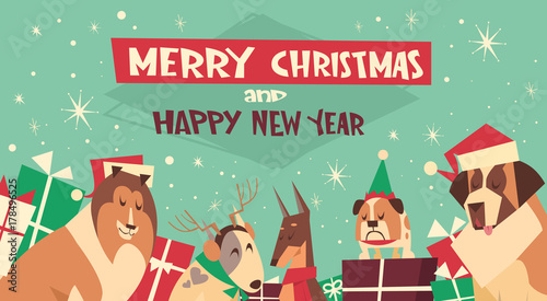 Dogs In Santa Hats On Merry Christmas And Happy New Year Greeting Card Holiday Poster Design Flat Vector Illustration