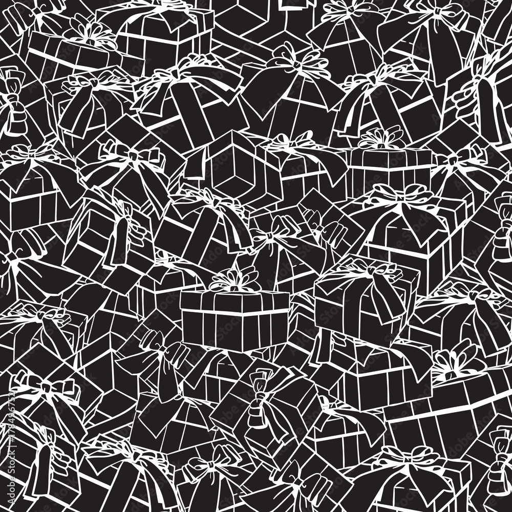 Fototapeta premium Seamless Pattern With Sketch Gift Boxes, Bows And Ribbons On Black Background Design Vector Illustration