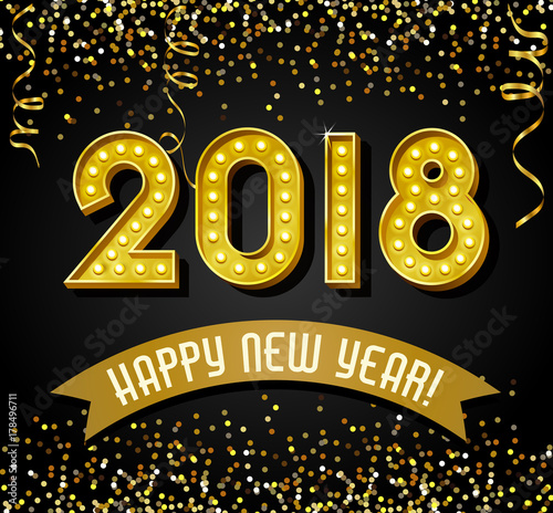 2018 Happy New Year design with golden light bulb letters, glitter and streamers.