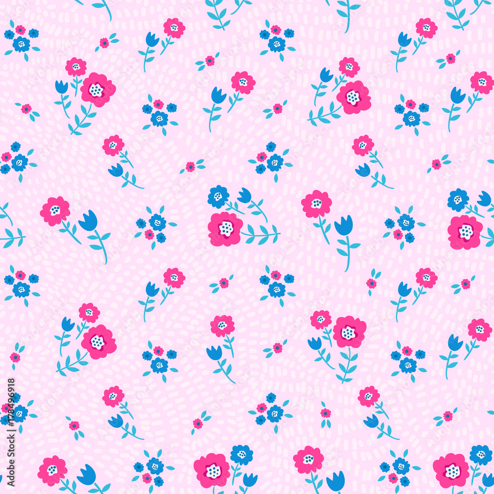Floral seamless colorful pattern with blue and pink flowers on pink speck background. Ditsy print. Elegant and tender vector illustration, floral background for print, scrapbooking etc