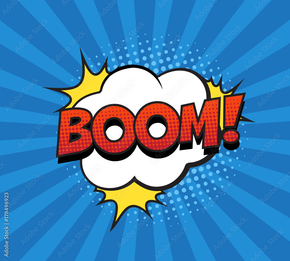 Retro comic speech bubble with colorful halftone shadow on blue stripes ...