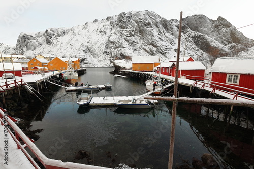 N.E.-wards view from Nusfjord fishing village-harbor to mounts Nesheia-Sultinden. Flakstadoya-Lofoten-Norway.0475