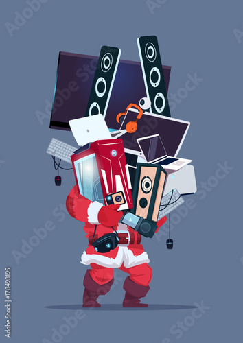 Santa Holding Computer And Modern Electronics Gadgets Cyber Monday Sale Concept Vector Illustration
