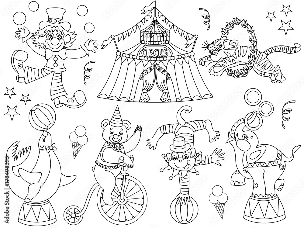 Vector Black and White Circus Set with Clown, Big Top and Animals