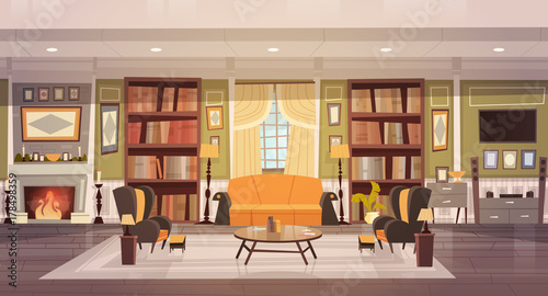 Cozy Living Room Interior Design With Furniture, Sofa, Table Armchairs, Fireplace Bookcase, Horizontal Banner Flat Vector Illustration