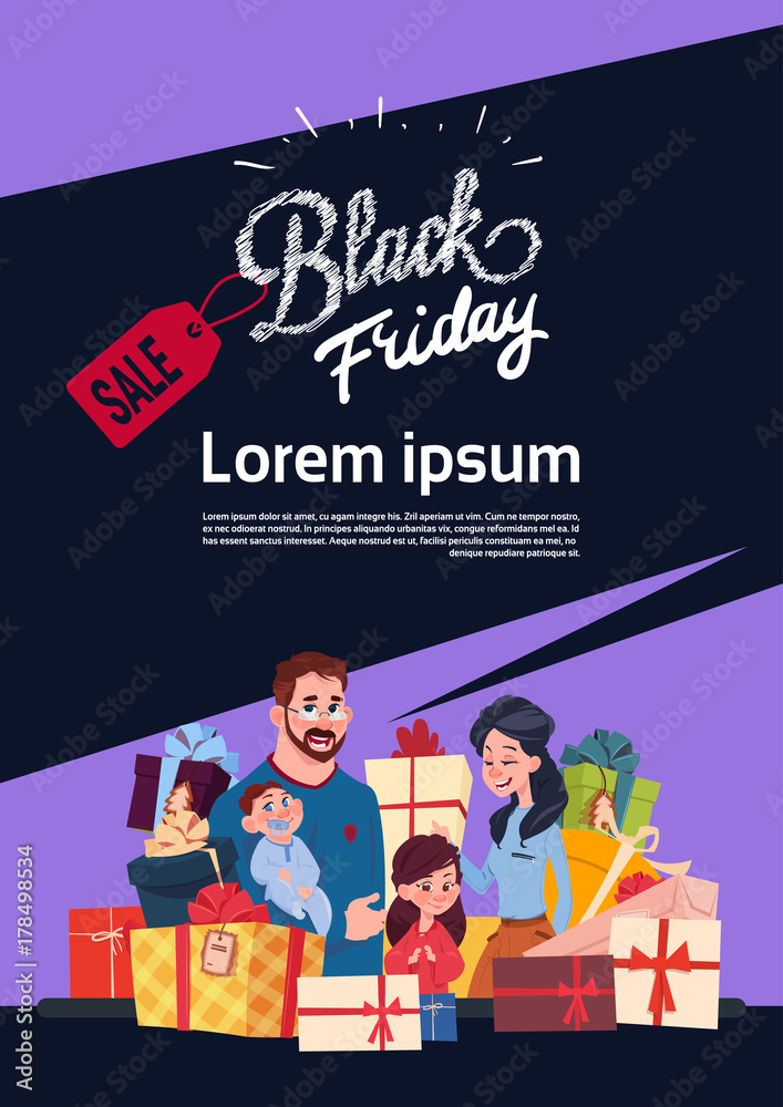 Black Friday Sale Poster With Happy Family Over Gift Boxes Stack, Holiday Shopping Discounts Banner With Copy Space Design Vector Illustration Black Friday Sale Poster With Happy Family Over Gift Boxes Stack, Holiday Shopping Discounts Banner With Copy Space Design Vector Illustration