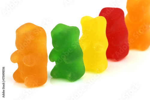 Colorful gummy bears on white background