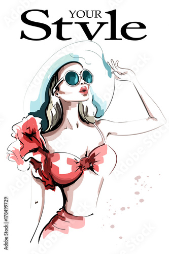 Stylish woman in hat. Hand drawn beautiful young woman in sunglasses. Fashion lady. Sketch.