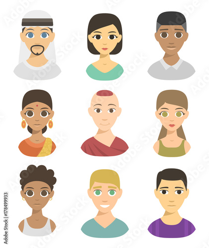 Cool avatars different nations people portraits ethnicity different skin tones ethnic affiliation and hair styles vector illustration.