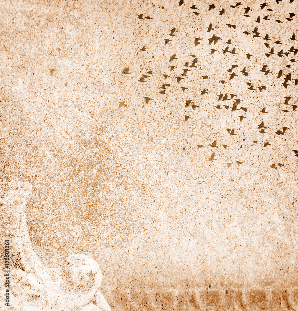 Background page design for a photo book, scrapbook or wallpaper in light  marigold brown; abstract stone texture with silhouette of flying flock of  birds Stock Photo | Adobe Stock