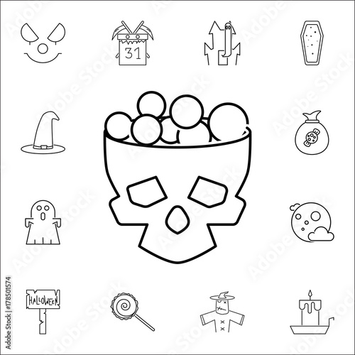 Halloween Skull bucket filled with sweets and candy for halloween night icon. Set of Halloween icons