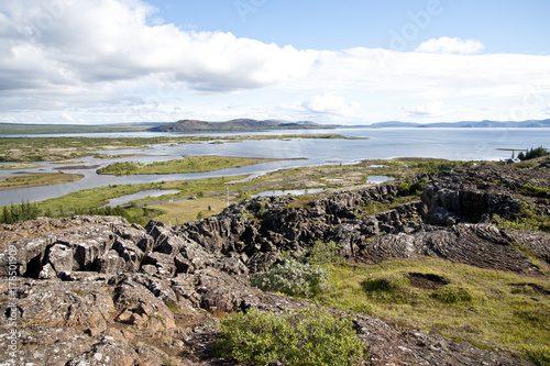 National Park Thingvellir - Almannagjà canyon, Typical Icelandic landscape, a wild nature of rocks and shrubs, rivers and lakes.