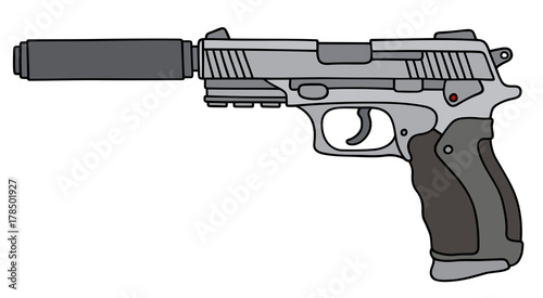 Silver handgun with a silencer