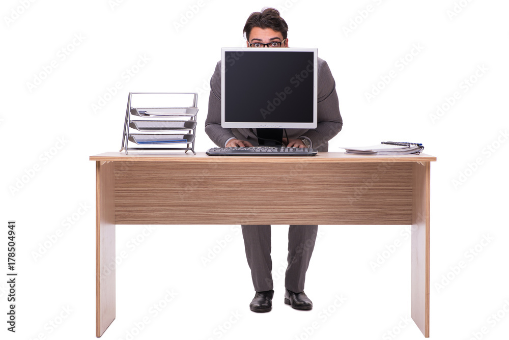 Businessman hiding in the office isolated on white Businessman hiding in the office isolated on white
