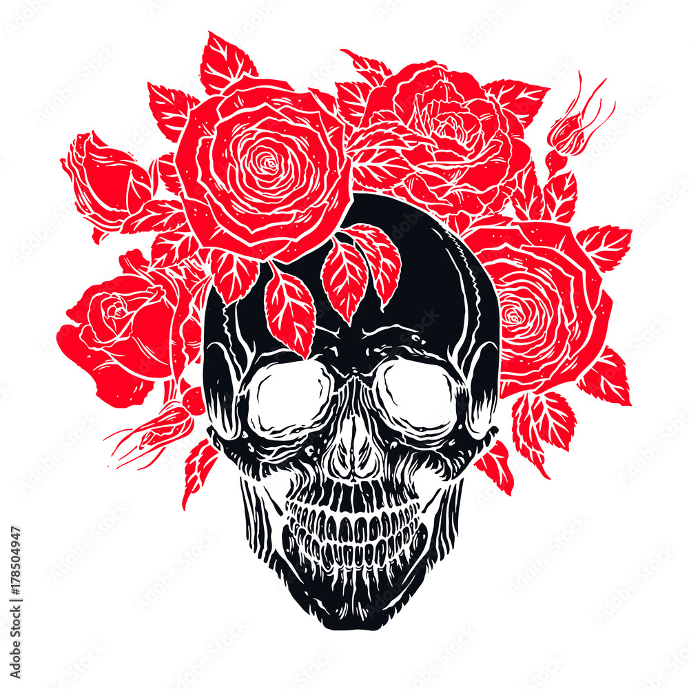 Fototapeta premium human skull with a roses wreath