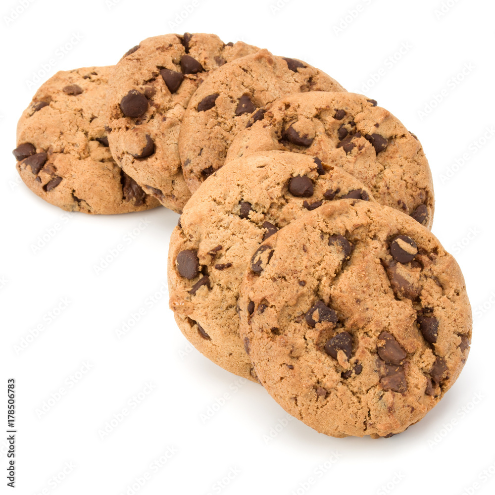 Chocolate chip cookies isolated on white background. Sweet biscuits. Homemade pastry. Chocolate chip cookies isolated on white background. Sweet biscuits. Homemade pastry.