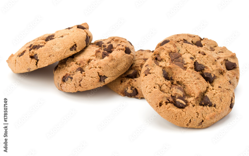 Chocolate chip cookies isolated on white background. Sweet biscuits. Homemade pastry. Chocolate chip cookies isolated on white background. Sweet biscuits. Homemade pastry.