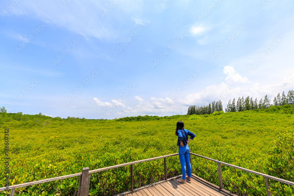 Behind Asia Woman standing on wooden balcony with natural view and Blue sky Cloudy