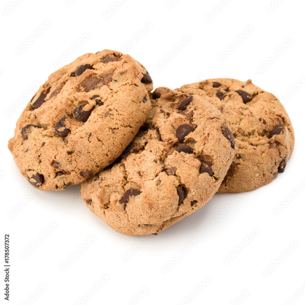 Three Chocolate chip cookies isolated on white background. Sweet biscuits. Homemade pastry.