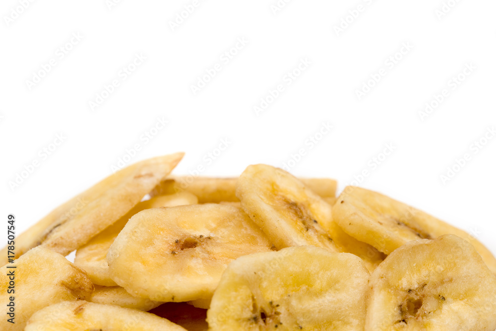 Dried Banana Chips on a White Background