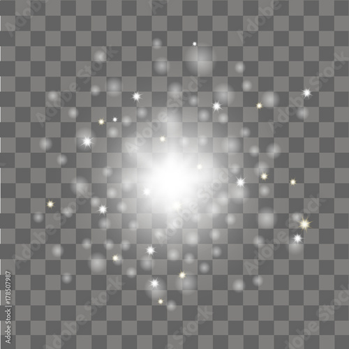 White sparkling stars glitter special light effect on transparent background. Vector