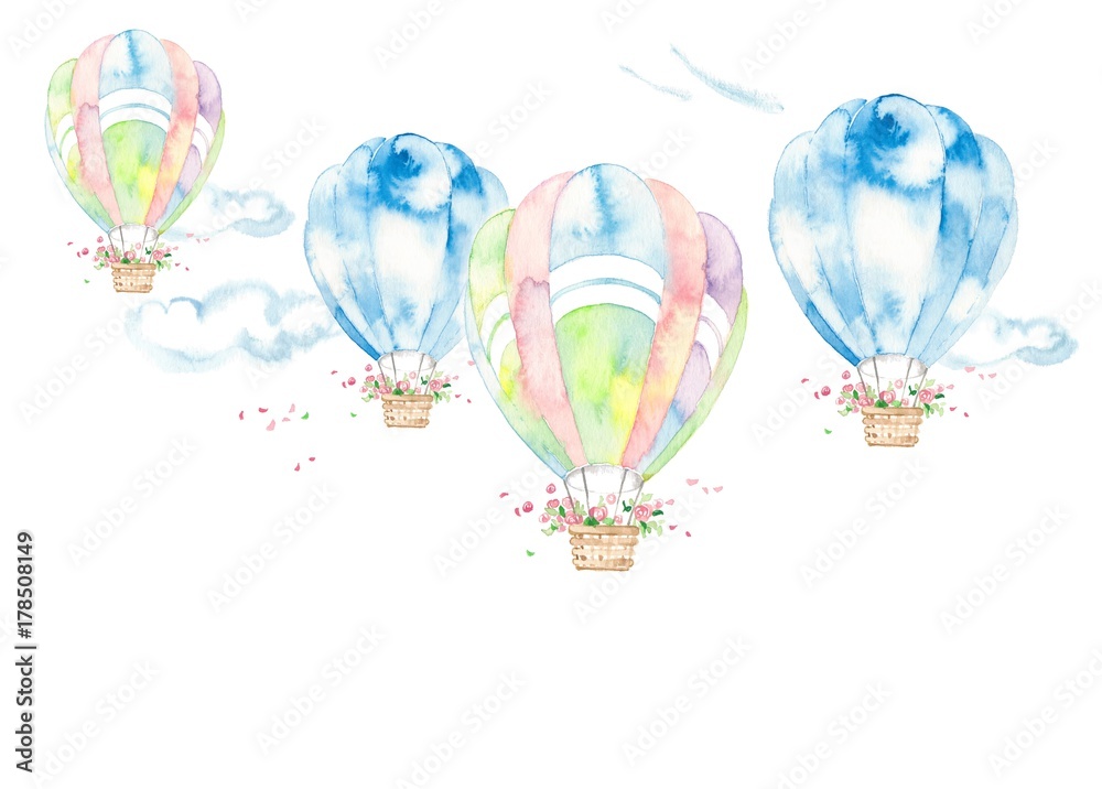気球、風景、雲と花かご