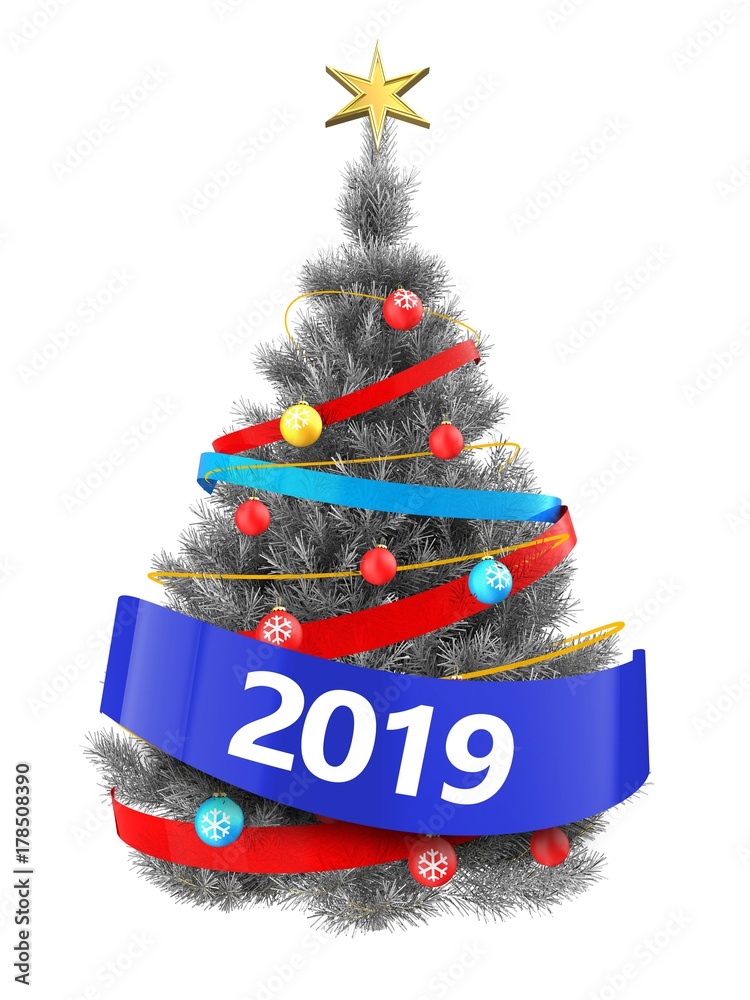 3d silver Christmas tree with 2019 sign