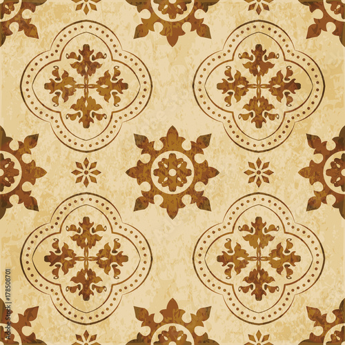 Retro brown watercolor texture grunge seamless background round flower dot line cross