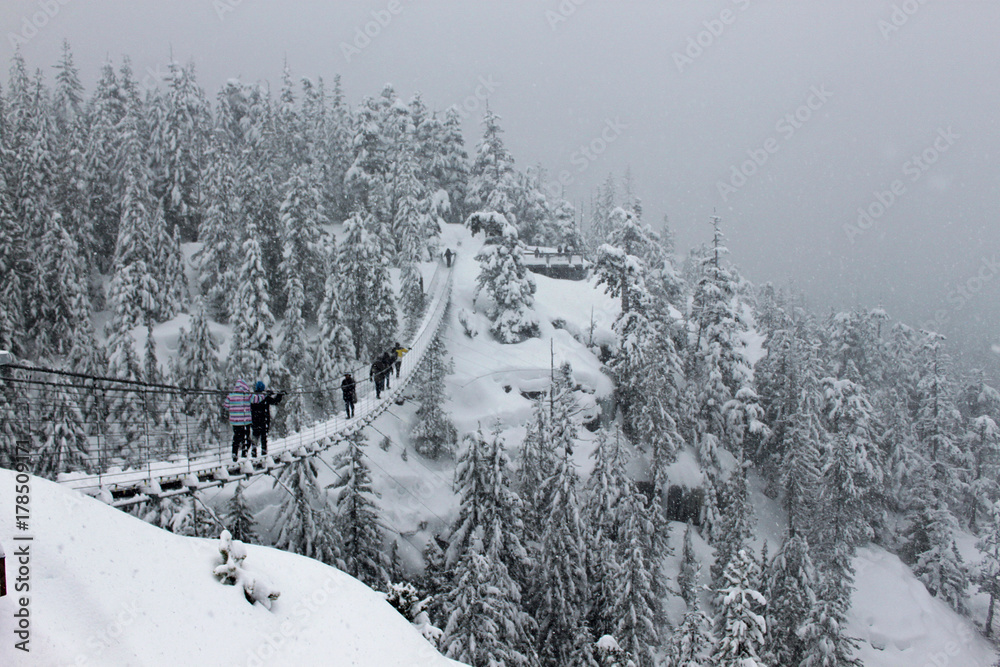 Fototapeta premium Crossing a snow covered suspension bridge in the mountains