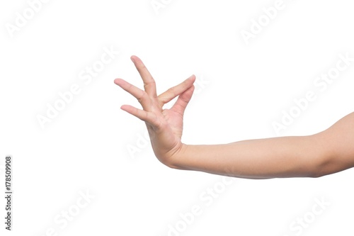 Thai dancing hand isolated on white background with clipping path, refer to the Thai culture or Thai traditional , This photo can be used for promote travelling in Thailand or Thai dancing style.