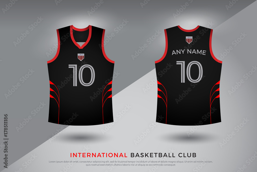 basketball t-shirt design uniform set of kit. basketball, volleyball jersey  template. black and red color, front and back view shirt mock up. Vector  Illustration Stock Vector | Adobe Stock