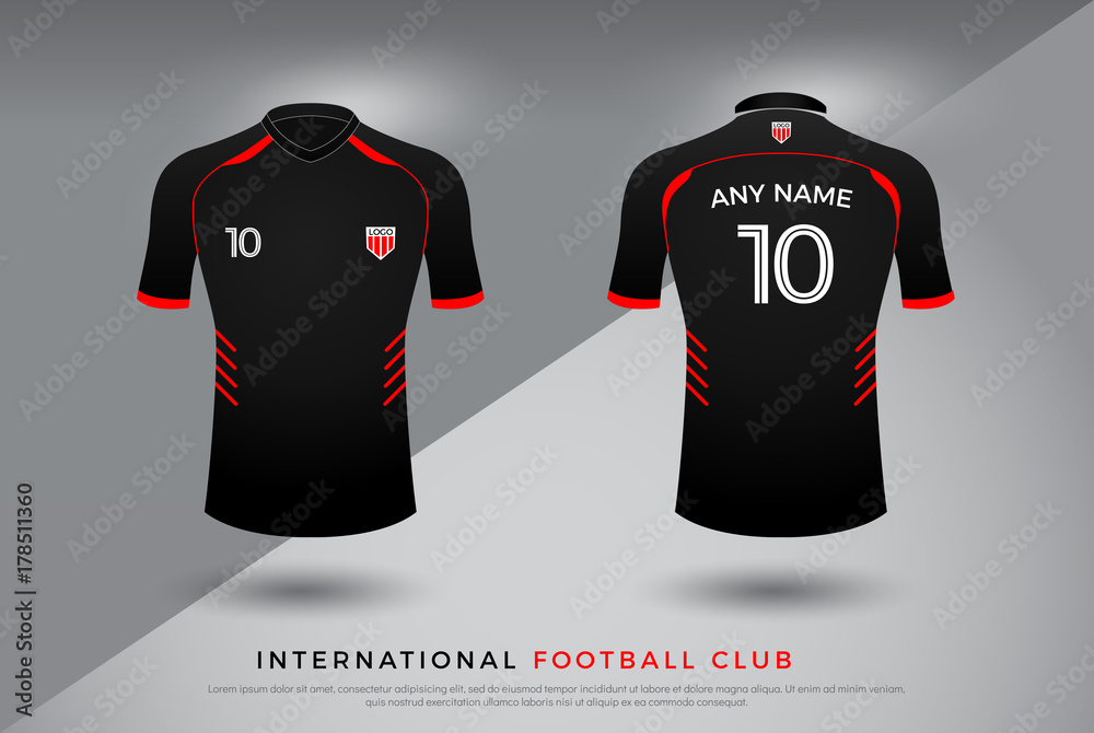 soccer t-shirt design uniform set of soccer kit. football jersey template  for football club. red and black color, front and back view shirt mock up.  Vector Illustration Stock Vector | Adobe Stock