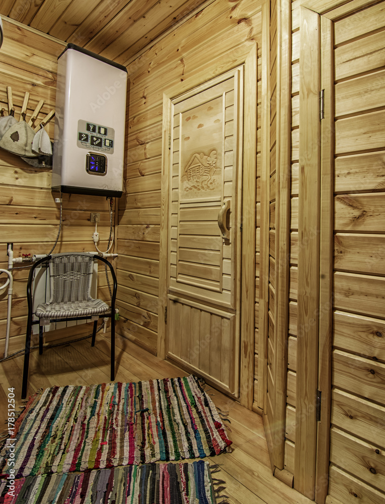 wooden rustic bathroom with modern equipment