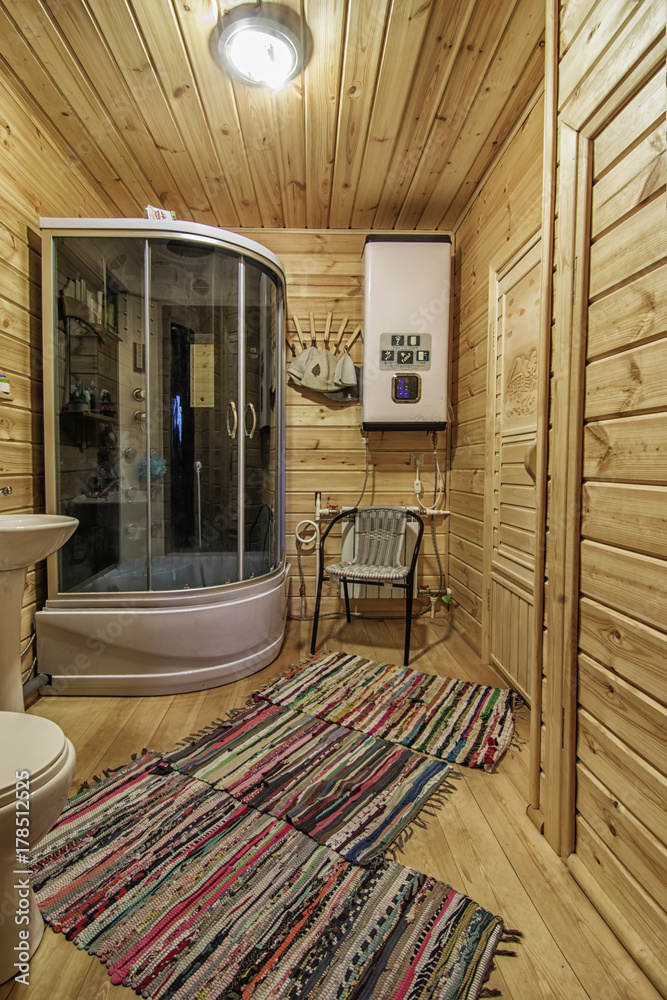 wooden rustic bathroom with modern equipment
