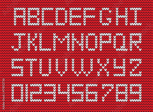 White knitted alphabet and numerals on red knitted background. Fabric knitted symbols and numbers for design. Vector illustration.