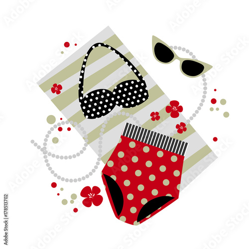 vintage swimwear bikini polka dot, sunglasses, towel