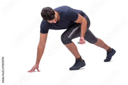 Young man in doping concept isolated on white