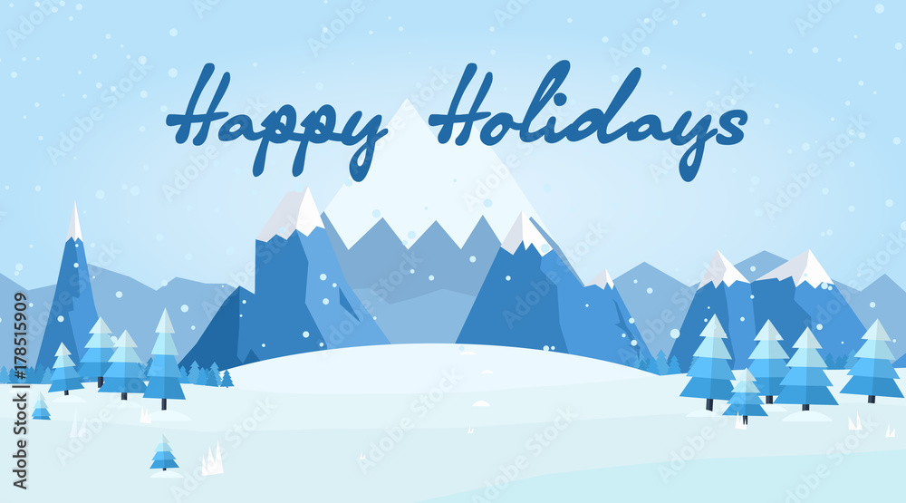 Vector illustration of winter landscape with pines and snowflakes