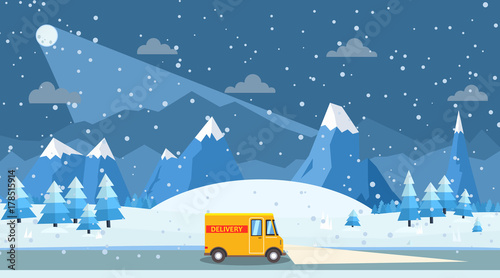 Vector illustration of winter landscape with delivery van, pines and falling snowflakes. Winter travelling concept.