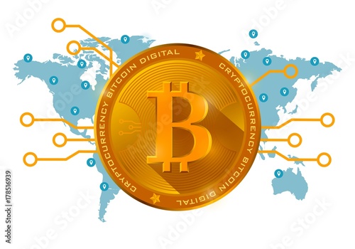 Golden bitcoin digital currency on a blue background of the world
