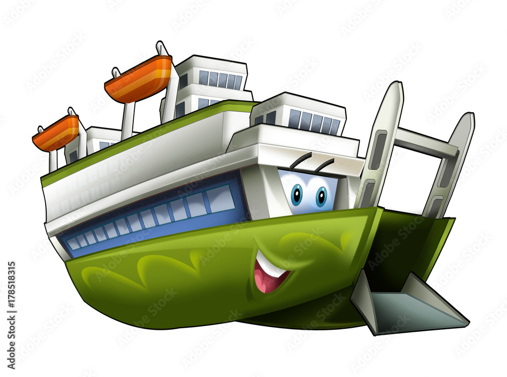 cartoon scene with happy and funny looking boat illustration for