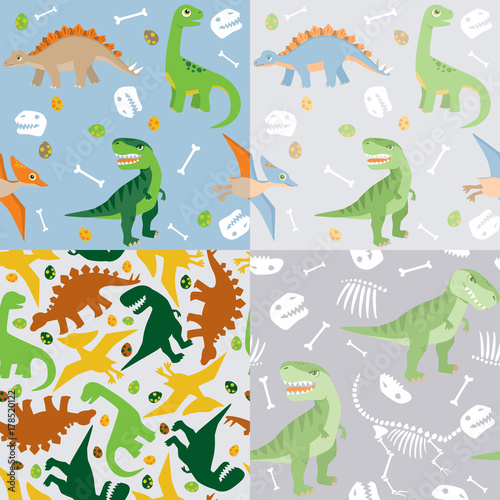 Fototapeta Naklejka Na Ścianę i Meble -  Cute dinosaur seamless pattern set