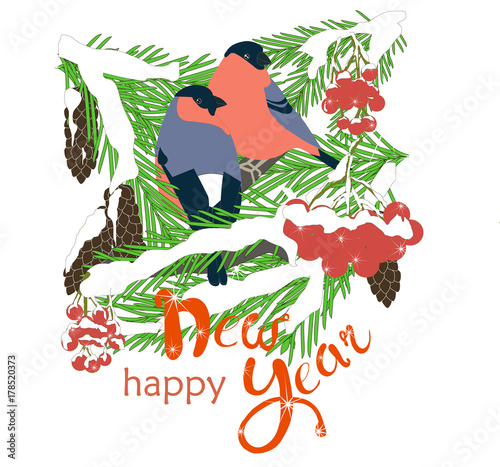 Seamless background with colorful bullfinches, fruits of grass on light blue stock vector illustration