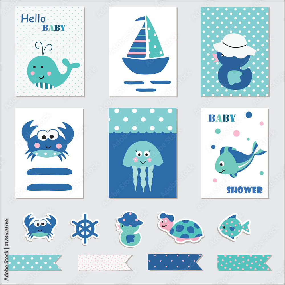 Set of baby cards with marine animals